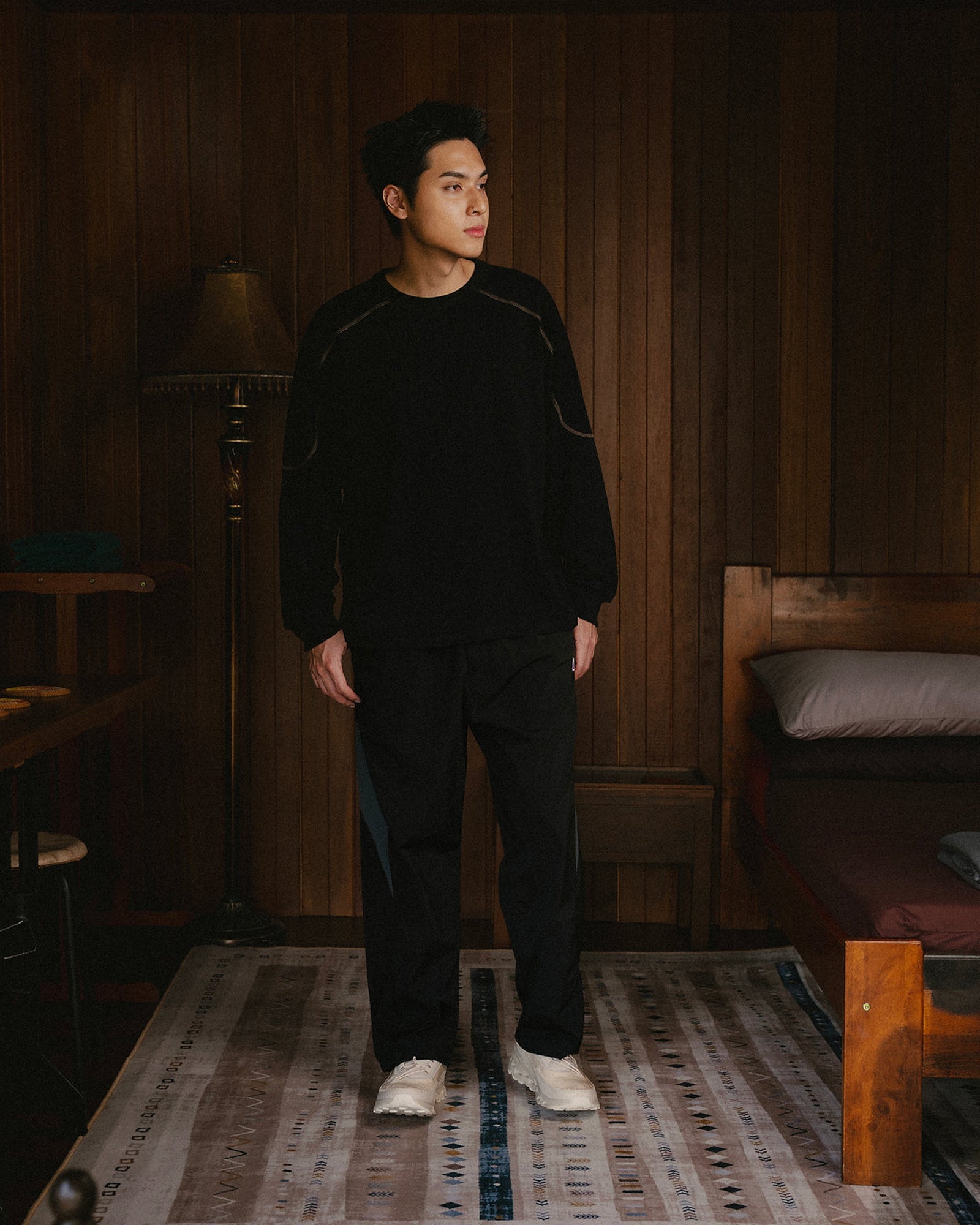 A Eckhaus Latta Shirt pictured on a model in front of a white background. The title of the product is Eckhaus Latta Eclipse Turtleneck - Stone and the image was taken by 199A®.