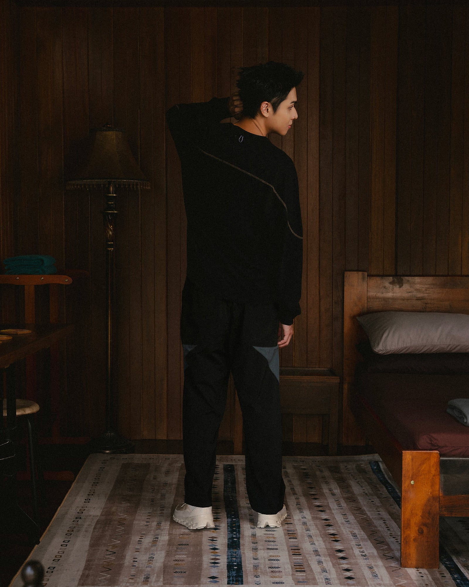 A Eckhaus Latta Shirt pictured on a model in front of a white background. The title of the product is Eckhaus Latta Eclipse Turtleneck - Stone and the image was taken by 199A®.