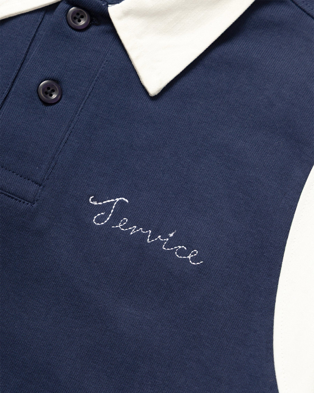 A Eckhaus Latta Shirt pictured on a model in front of a white background. The title of the product is Eckhaus Latta Eclipse Turtleneck - Stone and the image was taken by 199A®.