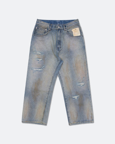 GROCERY PATCH DESTROY DIRTY WASHED BAGGY JEANS - LIGHT BLUE