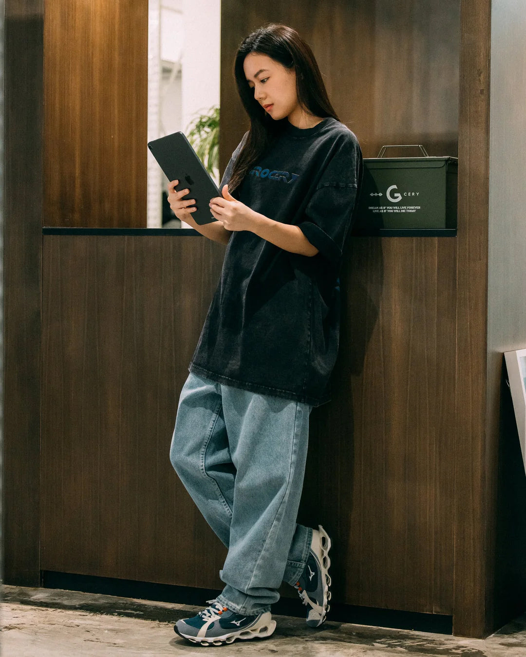 A Eckhaus Latta Shirt pictured on a model in front of a white background. The title of the product is Eckhaus Latta Eclipse Turtleneck - Stone and the image was taken by 199A®.