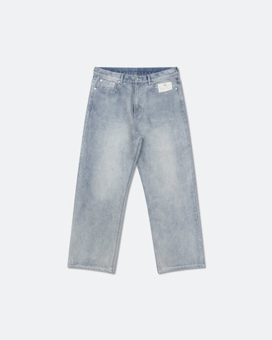 Wide Leg Washed Denim Jeans - Light Blue