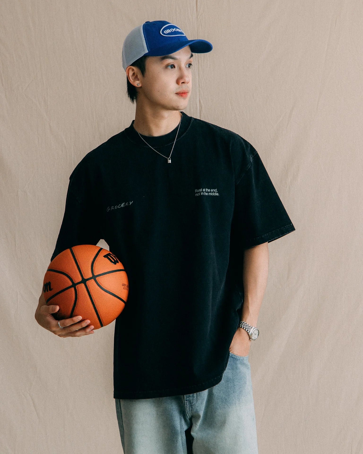 A Eckhaus Latta Shirt pictured on a model in front of a white background. The title of the product is Eckhaus Latta Eclipse Turtleneck - Stone and the image was taken by 199A®.