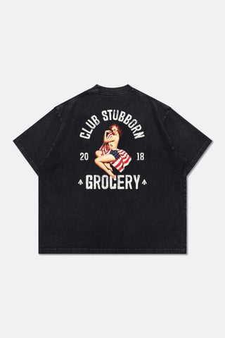 GROCERY x CLUB STUBBORN WASHED AMERICAN GIRL GRAPHIC BOXY TEE - BLACK